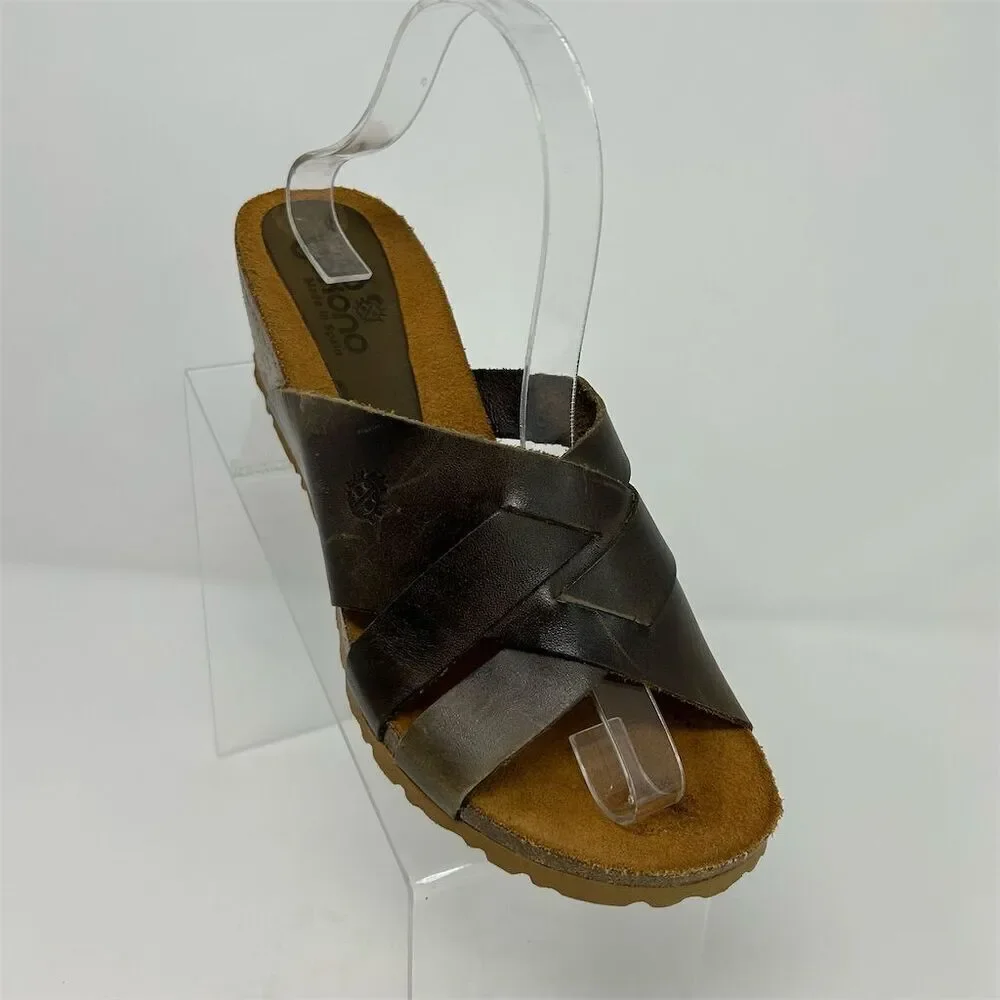 Yokono Women's Brown Leather Slip-On Wedge Sandals Size 9 Comfort Summer